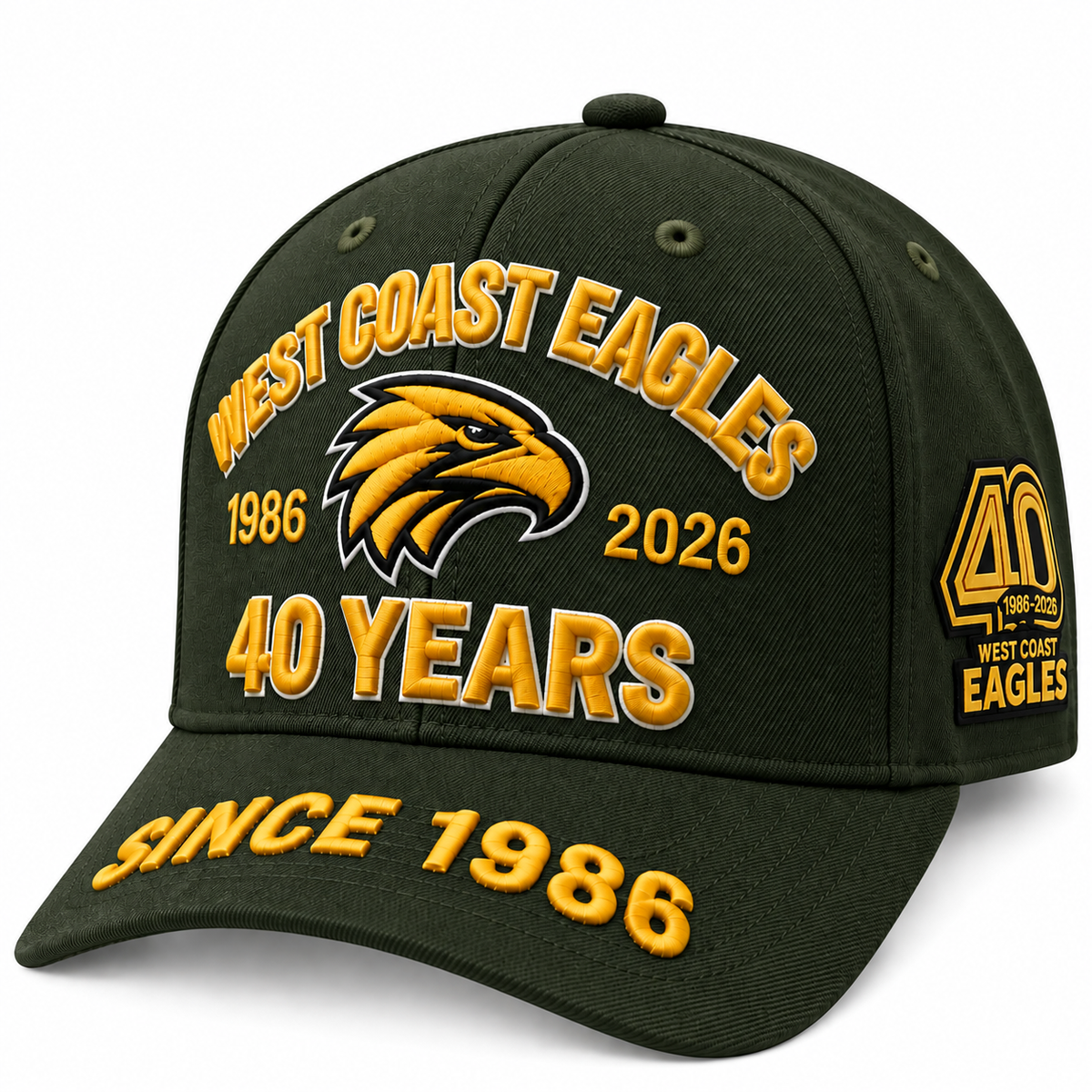 West Coast Eagles 40th Anniversary Embroidered Cap, 1986–2026, Gold Eagle Baseball Hat
