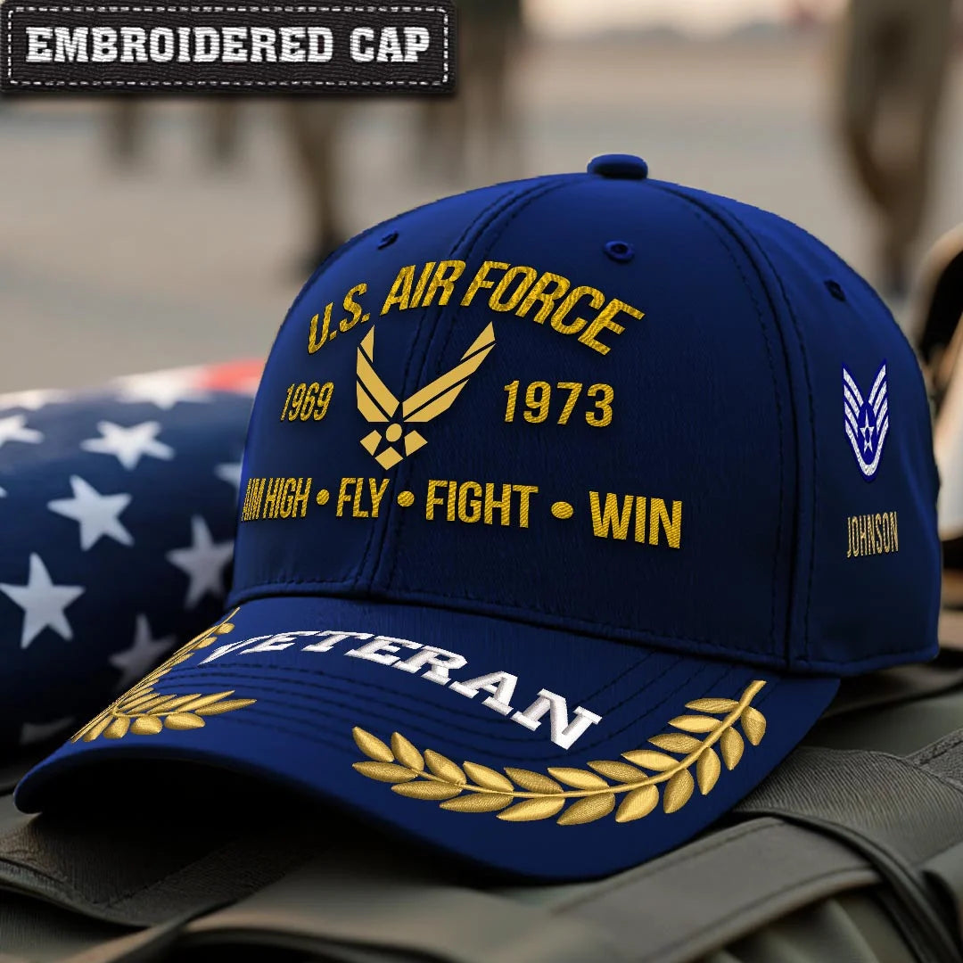 Cowgic Air Force Printed Classic Cap - AIM HIGH FLY FIGHT WIN v2 - Custom Rank & Name - Embroidered Cap for Veterans