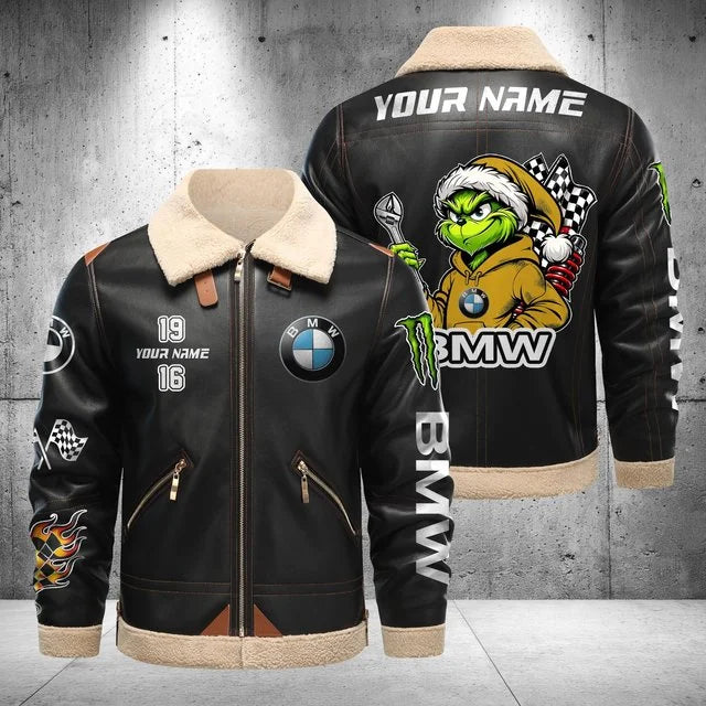 BMW Car Grinch Shearling Leather Bomber Jacket – Custom Name