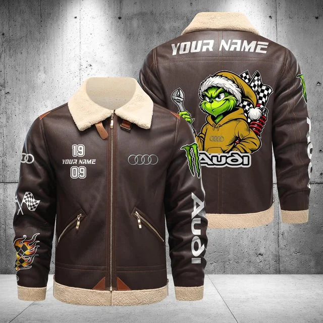 Audi Grinch Shearling Leather Bomber Jacket – Custom Name
