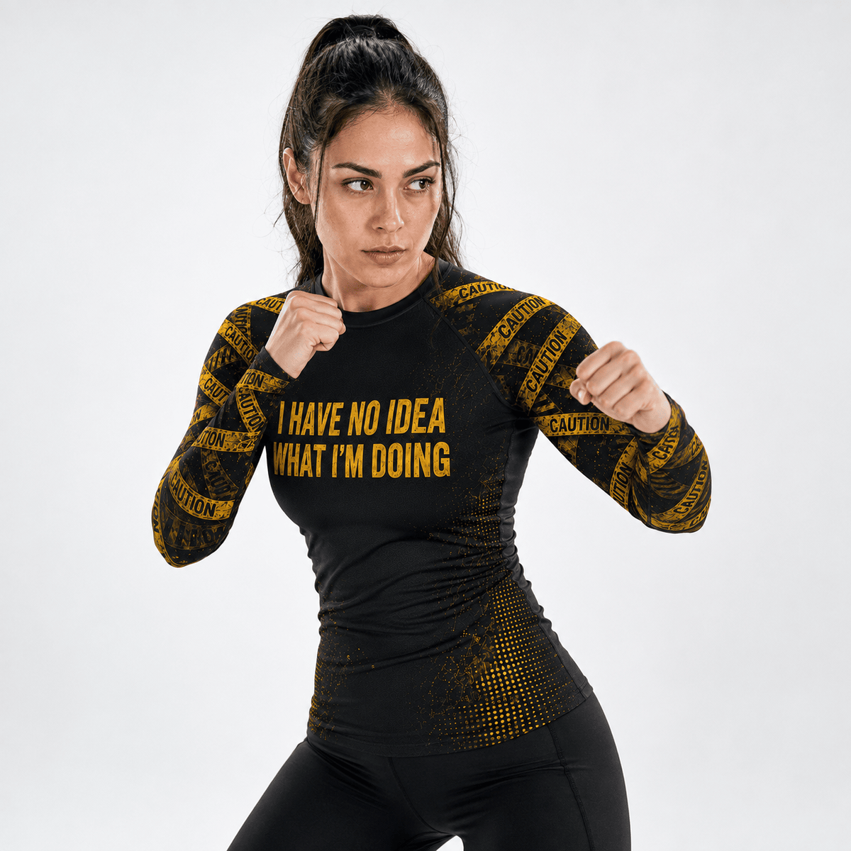 Premium CAUTION: NO IDEA Women’s BJJ Rash Guard No-Gi Compression Shirt Jiu-Jitsu 3D Print Never Fade