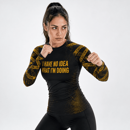 Premium CAUTION: NO IDEA Women’s BJJ Rash Guard No-Gi Compression Shirt Jiu-Jitsu 3D Print Never Fade
