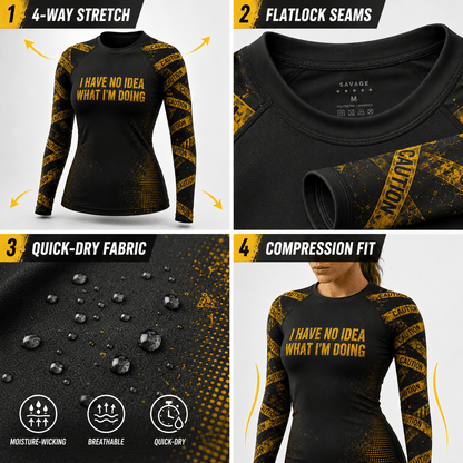 Premium CAUTION: NO IDEA Women’s BJJ Rash Guard No-Gi Compression Shirt Jiu-Jitsu 3D Print Never Fade