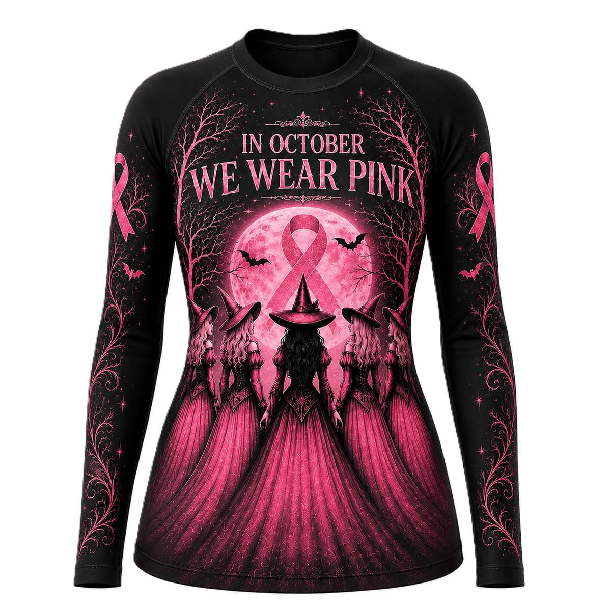 Premium Pink October Witch Women’s BJJ Rash Guard, We Wear Pink Long Sleeve No-Gi Compression Shirt, Breast Cancer Awareness 3D Print Never Fade
