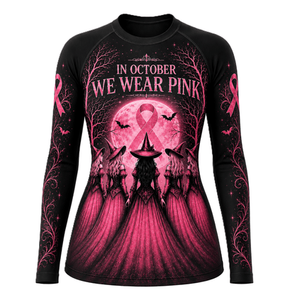 Premium Pink October Witch Women’s BJJ Rash Guard, We Wear Pink Long Sleeve No-Gi Compression Shirt, Breast Cancer Awareness 3D Print Never Fade