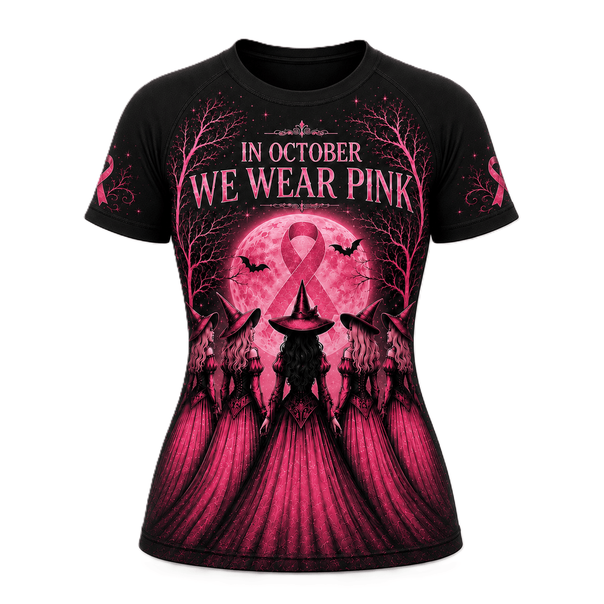 Premium Pink October Witch Women’s BJJ Rash Guard, We Wear Pink Long Sleeve No-Gi Compression Shirt, Breast Cancer Awareness 3D Print Never Fade