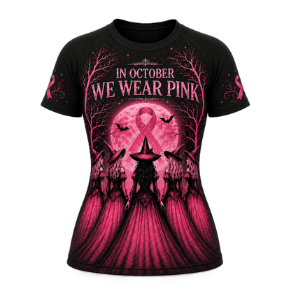 Premium Pink October Witch Women’s BJJ Rash Guard, We Wear Pink Long Sleeve No-Gi Compression Shirt, Breast Cancer Awareness 3D Print Never Fade