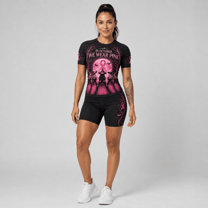 Premium Pink October Witch Women’s BJJ Rash Guard, We Wear Pink Long Sleeve No-Gi Compression Shirt, Breast Cancer Awareness 3D Print Never Fade
