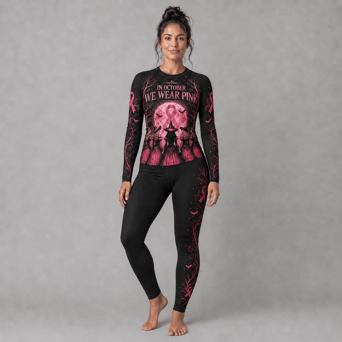Premium Pink October Witch Women’s BJJ Rash Guard, We Wear Pink Long Sleeve No-Gi Compression Shirt, Breast Cancer Awareness 3D Print Never Fade