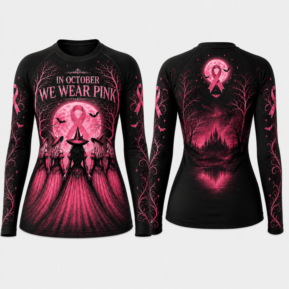 Premium Pink October Witch Women’s BJJ Rash Guard, We Wear Pink Long Sleeve No-Gi Compression Shirt, Breast Cancer Awareness 3D Print Never Fade