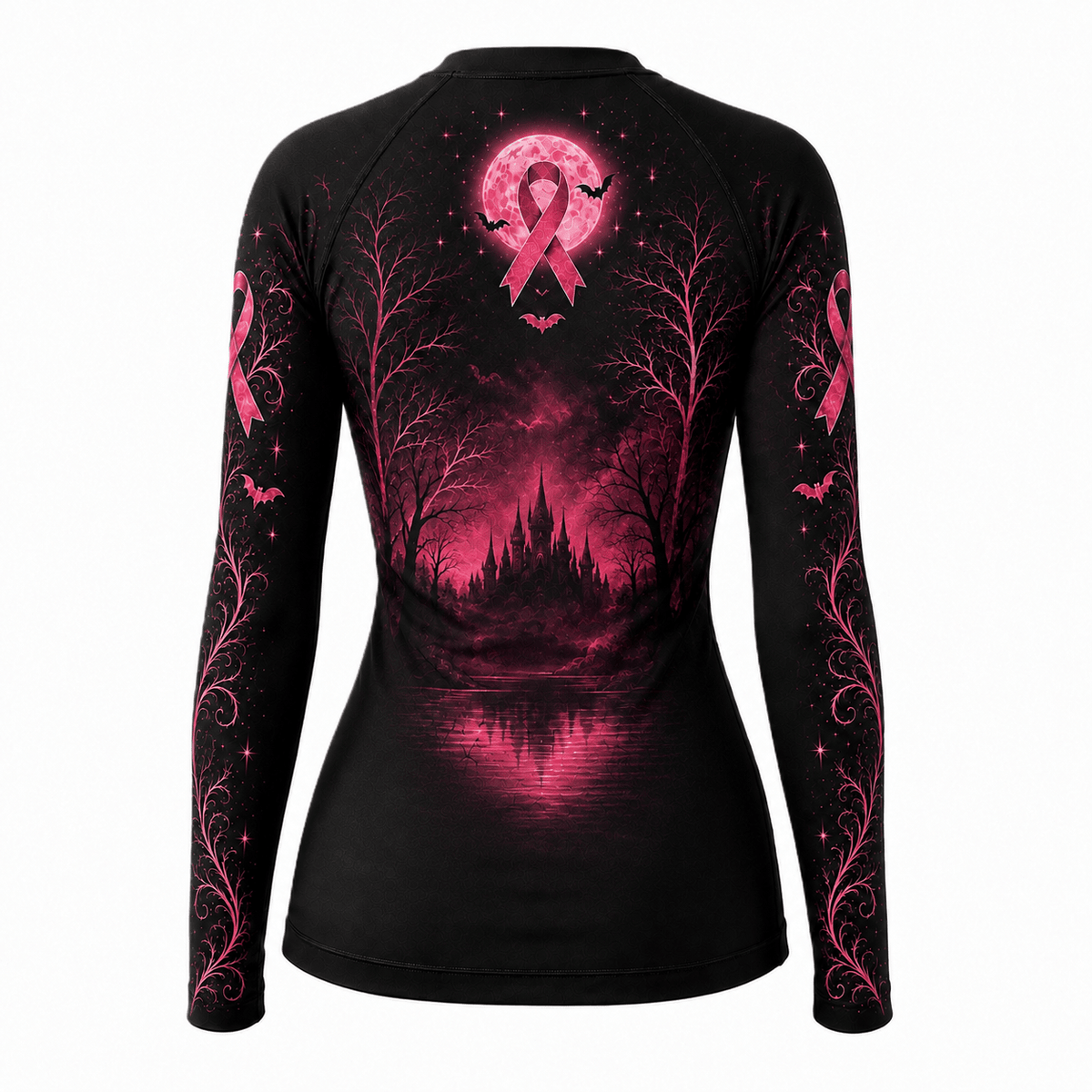 Premium Pink October Witch Women’s BJJ Rash Guard, We Wear Pink Long Sleeve No-Gi Compression Shirt, Breast Cancer Awareness 3D Print Never Fade