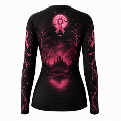 Premium Pink October Witch Women’s BJJ Rash Guard, We Wear Pink Long Sleeve No-Gi Compression Shirt, Breast Cancer Awareness 3D Print Never Fade