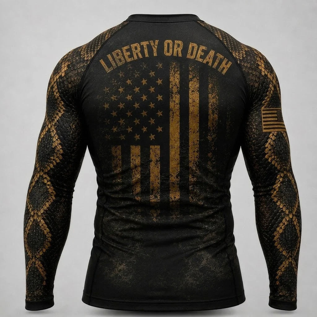 Premium Black Gold Don’t Tread On Me Rattlesnake American Patriotic Jiu-Jitsu MMA Rash Guard For Men Combat 3D Print Never Fade