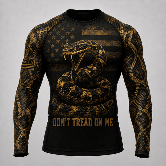 Premium Black Gold Don’t Tread On Me Rattlesnake American Patriotic Jiu-Jitsu MMA Rash Guard For Men Combat 3D Print Never Fade
