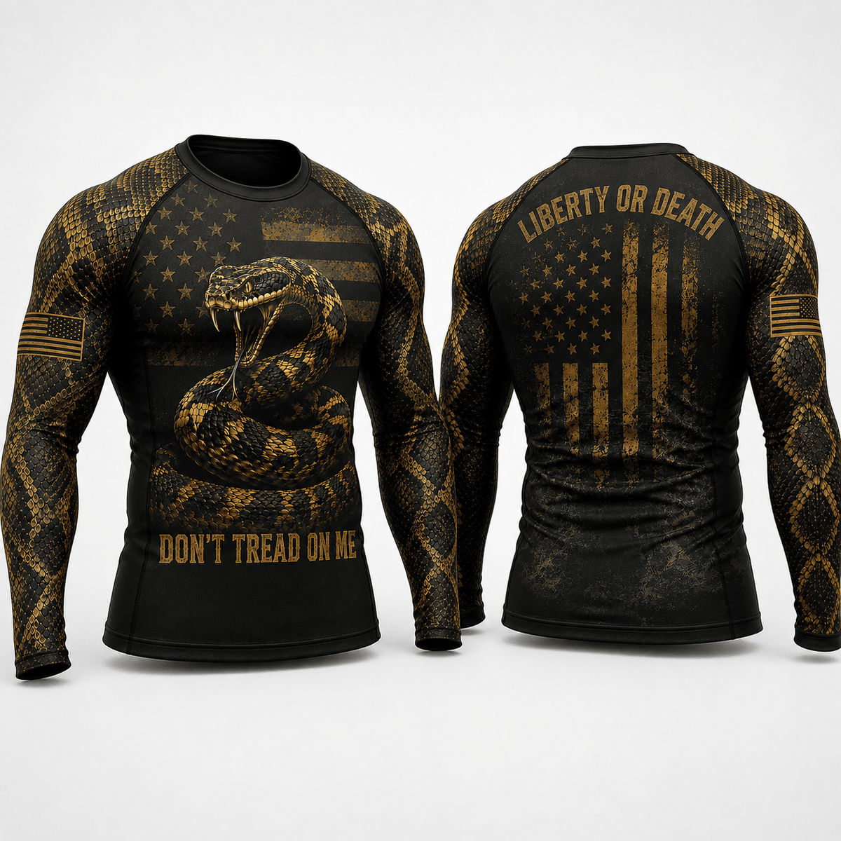 Premium Black Gold Don’t Tread On Me Rattlesnake American Patriotic Jiu-Jitsu MMA Rash Guard For Men Combat 3D Print Never Fade
