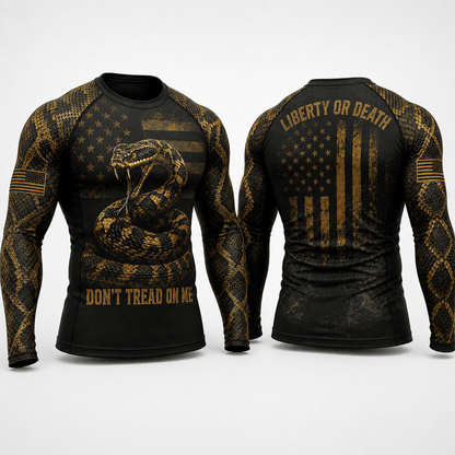 Premium Black Gold Don’t Tread On Me Rattlesnake American Patriotic Jiu-Jitsu MMA Rash Guard For Men Combat 3D Print Never Fade