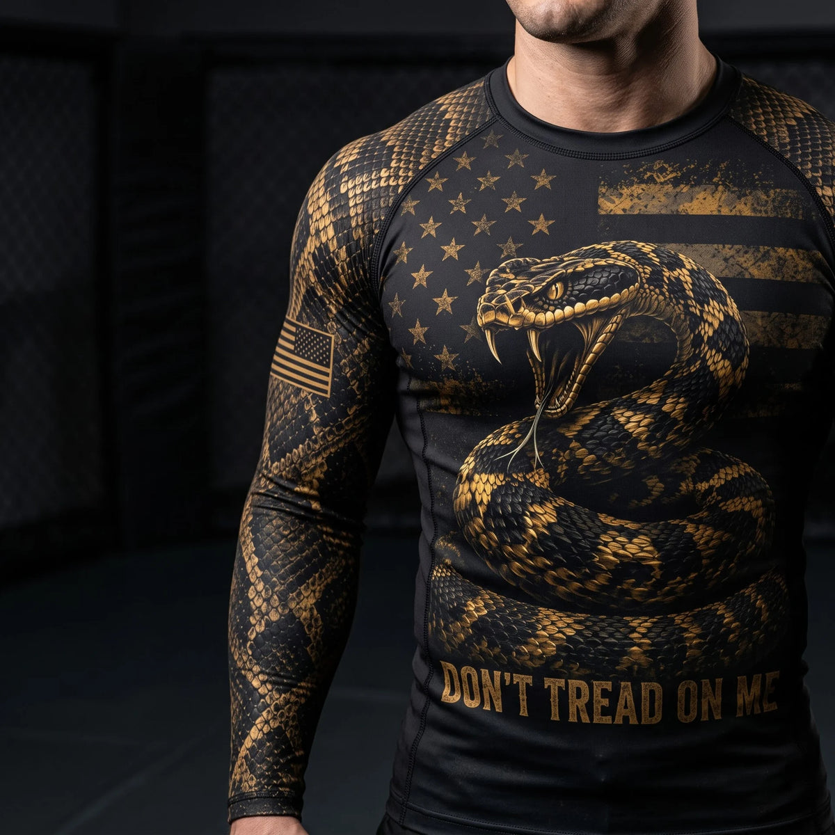 Premium Black Gold Don’t Tread On Me Rattlesnake American Patriotic Jiu-Jitsu MMA Rash Guard For Men Combat 3D Print Never Fade