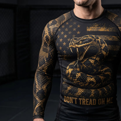 Premium Black Gold Don’t Tread On Me Rattlesnake American Patriotic Jiu-Jitsu MMA Rash Guard For Men Combat 3D Print Never Fade