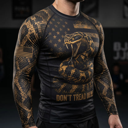 Premium Black Gold Don’t Tread On Me Rattlesnake American Patriotic Jiu-Jitsu MMA Rash Guard For Men Combat 3D Print Never Fade