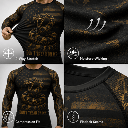 Premium Black Gold Don’t Tread On Me Rattlesnake American Patriotic Jiu-Jitsu MMA Rash Guard For Men Combat 3D Print Never Fade