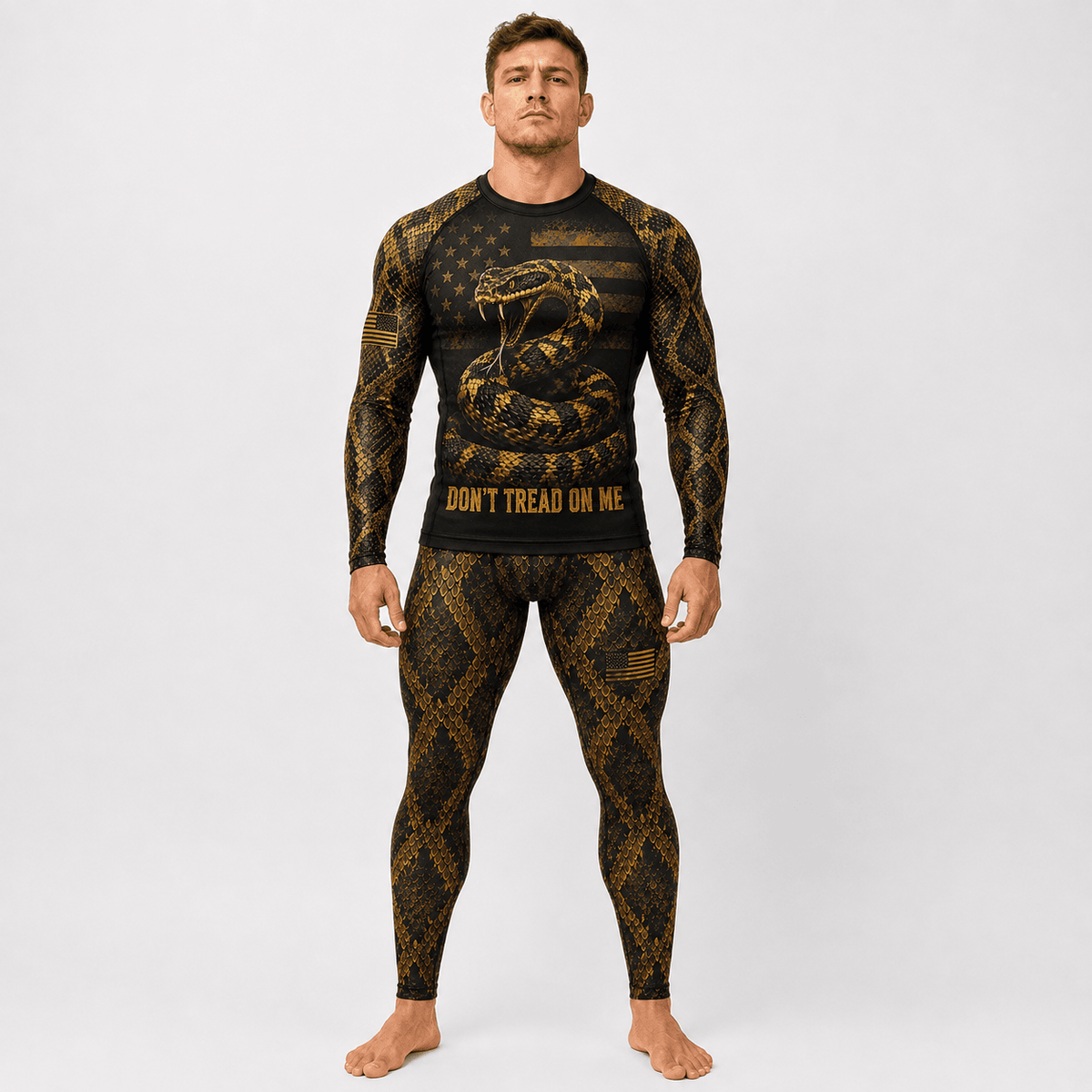 Premium Black Gold Don’t Tread On Me Rattlesnake American Patriotic Jiu-Jitsu MMA Rash Guard For Men Combat 3D Print Never Fade