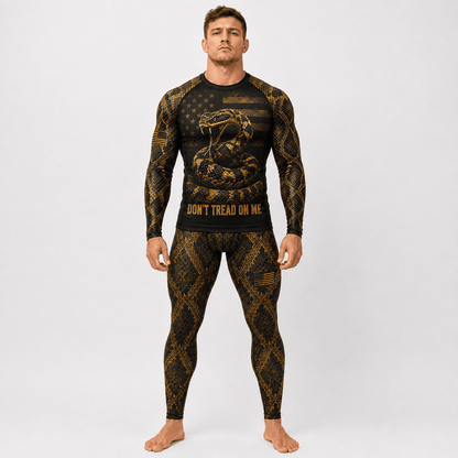 Premium Black Gold Don’t Tread On Me Rattlesnake American Patriotic Jiu-Jitsu MMA Rash Guard For Men Combat 3D Print Never Fade