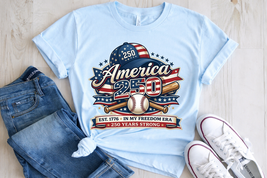 Cowgic America 250 Baseball Anniversary Shirt - 250 Years Strong Commemorative Graphic Tee