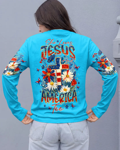 Cowgic She Loves Jesus & America Too Red White & Blue All Over Print Shirt