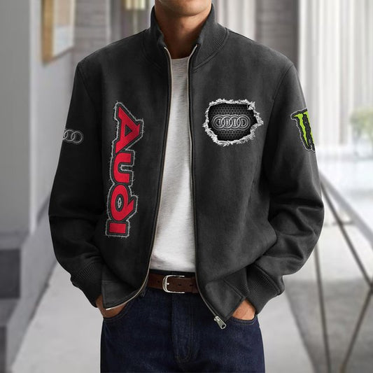 Audi Vintage Suede Bomber Jacket – Black Zip-Up Racing Jacket