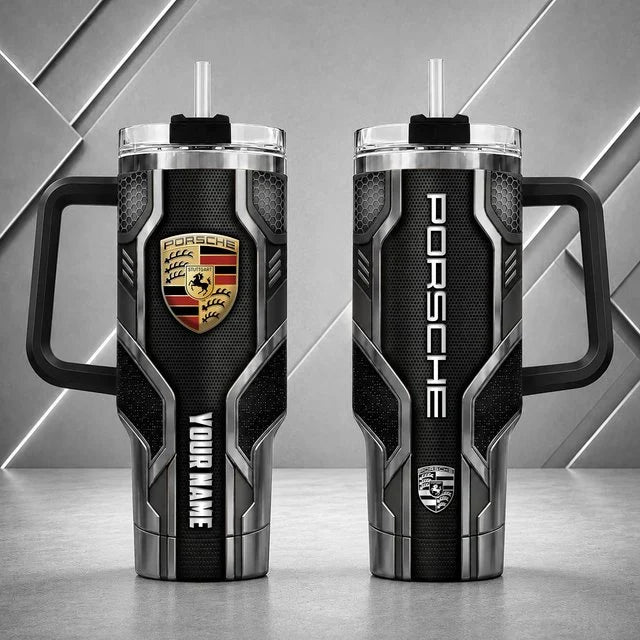 Porsche Personalized Tumbler with Handle – Custom Name Insulated Travel Cup