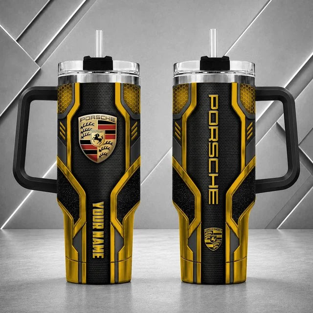 Porsche Personalized Tumbler with Handle – Custom Name Insulated Travel Cup