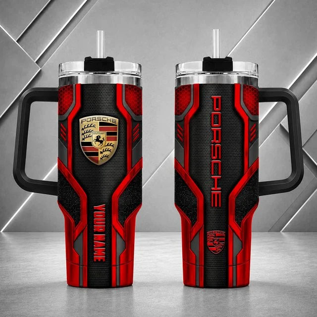 Porsche Personalized Tumbler with Handle – Custom Name Insulated Travel Cup