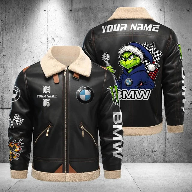 BMW Car Grinch Shearling Leather Bomber Jacket – Custom Name