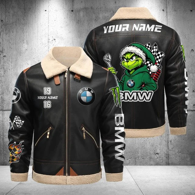 BMW Car Grinch Shearling Leather Bomber Jacket – Custom Name