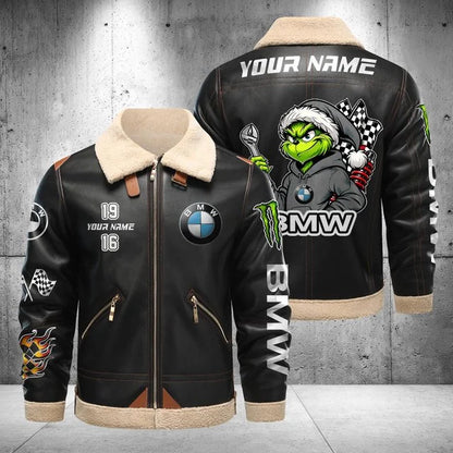 BMW Car Grinch Shearling Leather Bomber Jacket – Custom Name