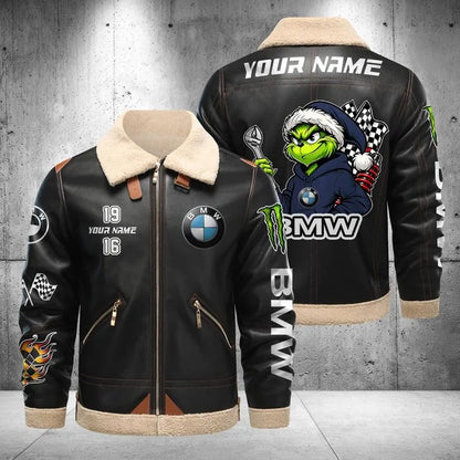 BMW Car Grinch Shearling Leather Bomber Jacket – Custom Name