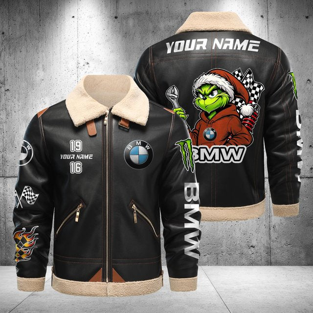 BMW Car Grinch Shearling Leather Bomber Jacket – Custom Name