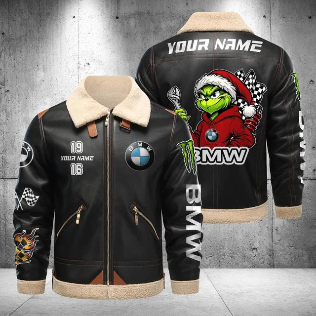 BMW Car Grinch Shearling Leather Bomber Jacket – Custom Name
