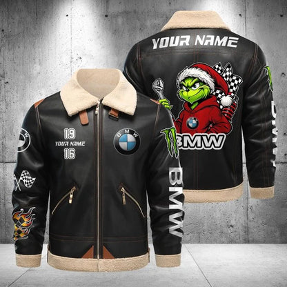 BMW Car Grinch Shearling Leather Bomber Jacket – Custom Name