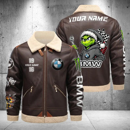 BMW Car Grinch Shearling Leather Bomber Jacket – Custom Name