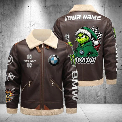BMW Car Grinch Shearling Leather Bomber Jacket – Custom Name
