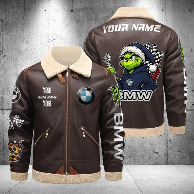 BMW Car Grinch Shearling Leather Bomber Jacket – Custom Name