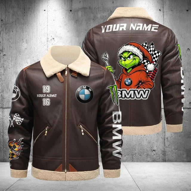BMW Car Grinch Shearling Leather Bomber Jacket – Custom Name