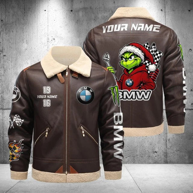 BMW Car Grinch Shearling Leather Bomber Jacket – Custom Name