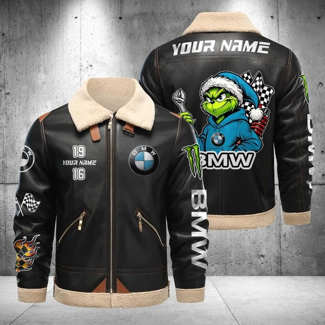 BMW Car Grinch Shearling Leather Bomber Jacket – Custom Name