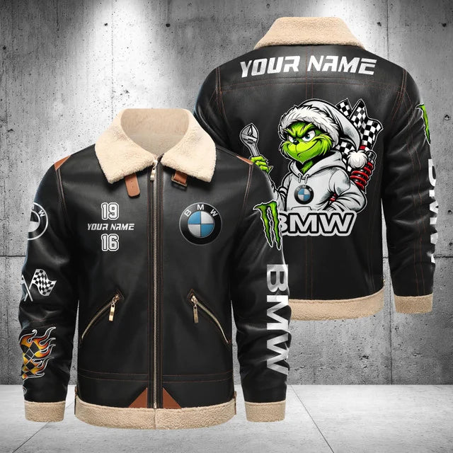 BMW Car Grinch Shearling Leather Bomber Jacket – Custom Name