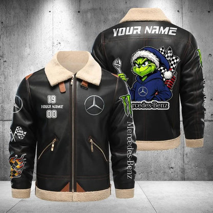 Mercedes-Benz Grinch Shearling Leather Bomber Jacket – Custom Name