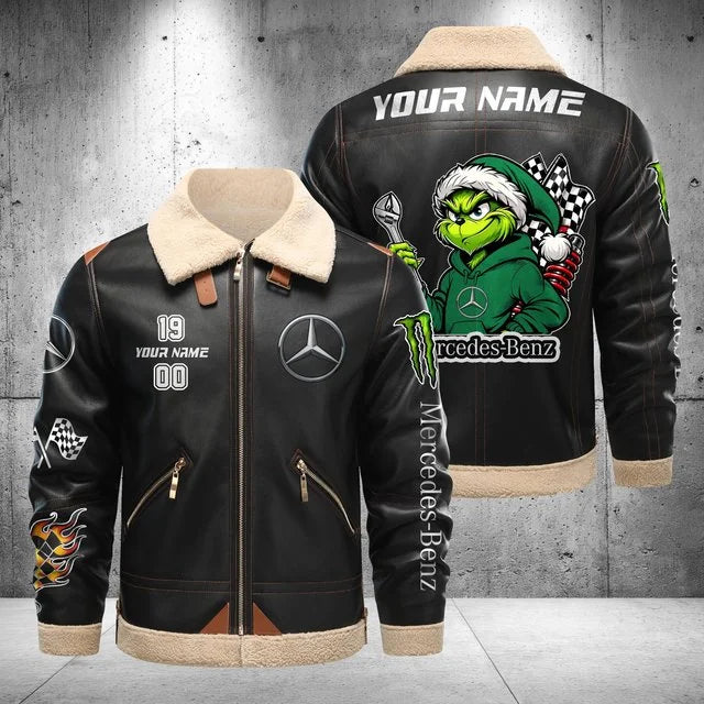 Mercedes-Benz Grinch Shearling Leather Bomber Jacket – Custom Name