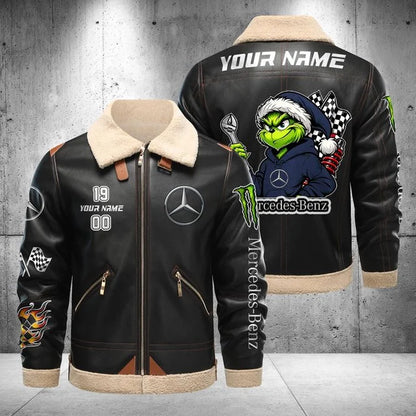 Mercedes-Benz Grinch Shearling Leather Bomber Jacket – Custom Name