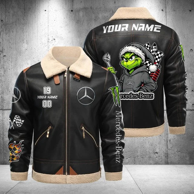Mercedes-Benz Grinch Shearling Leather Bomber Jacket – Custom Name